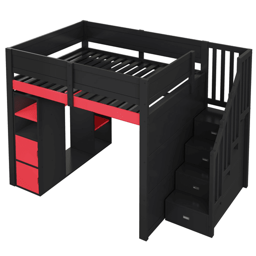 Cama alta para jogos 140x200 - secretária, arrumação, LED, USB - preto e vermelho