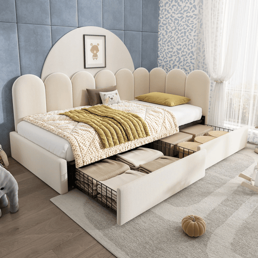 Cama individual 90x190 cm - com gavetas e estofamento em veludo, sofá-cama - Bege