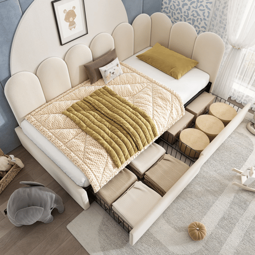 Cama individual 90x190 cm - com gavetas e estofamento em veludo, sofá-cama - Bege