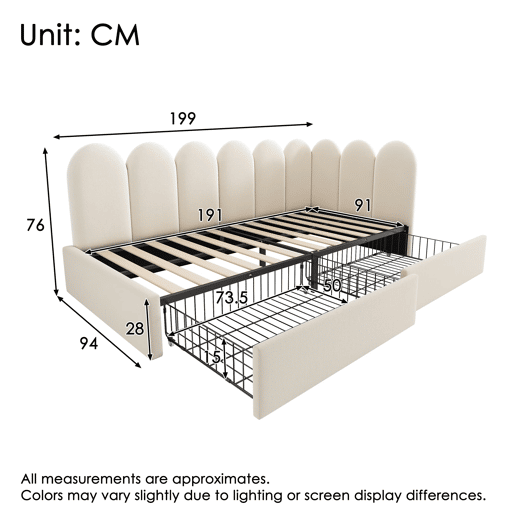 Cama individual 90x190 cm - com gavetas e estofamento em veludo, sofá-cama - Bege