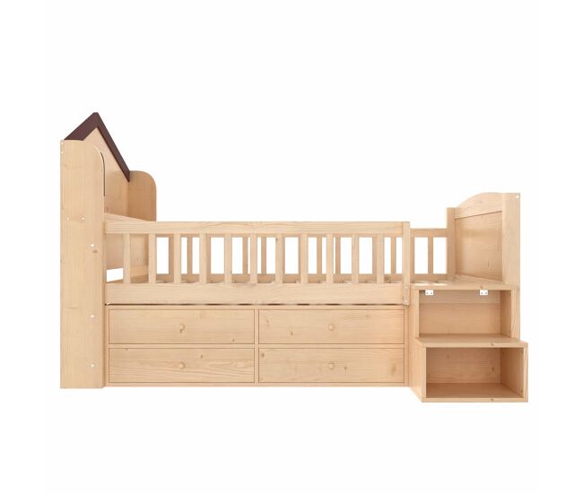 Cama infantil semialta tipo casa 90x200 cm - ventanas, 4 cajones, luz led, escalera con almacenaje, sin colchón - natural
