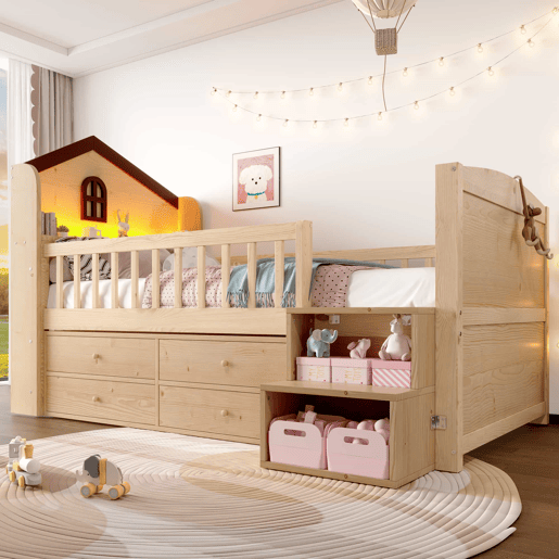 Cama infantil semi-alta tipo casa 90x200 cm - janelas, 4 gavetas, luz LED, escada com arrumação, sem colchão - Natural
