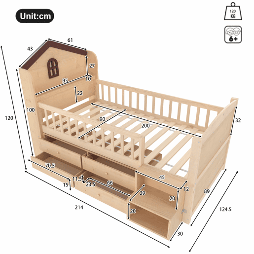 Cama infantil semi-alta tipo casa 90x200 cm - janelas, 4 gavetas, luz LED, escada com arrumação, sem colchão - Natural