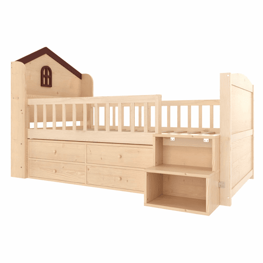 Cama infantil semi-alta tipo casa 90x200 cm - janelas, 4 gavetas, luz LED, escada com arrumação, sem colchão - Natural