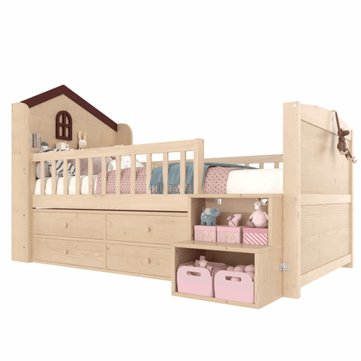 Cama infantil semi-alta tipo casa 90x200 cm - janelas, 4 gavetas, luz LED, escada com arrumação, sem colchão - Natural