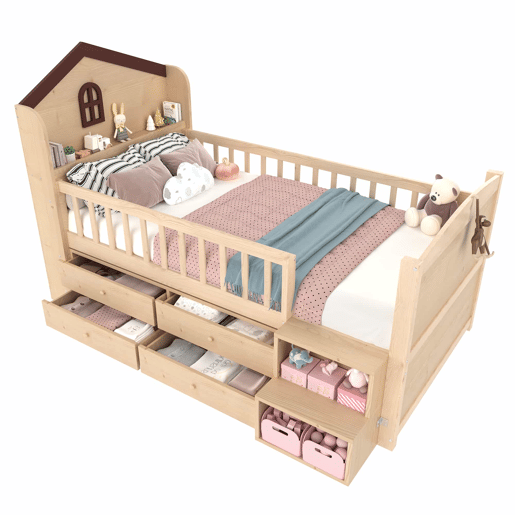 Cama infantil semi-alta tipo casa 90x200 cm - janelas, 4 gavetas, luz LED, escada com arrumação, sem colchão - Natural