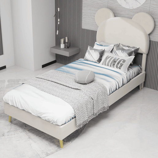 Cama estofada minimalista 90x200 - cabeceira cartoon, base baixa, sem arrumação - bege