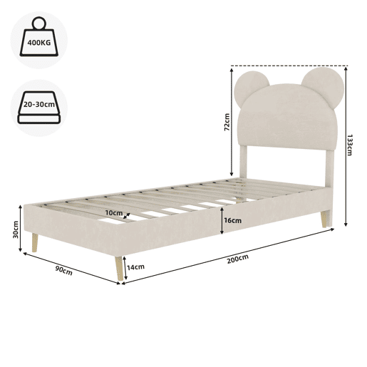 Cama estofada minimalista 90x200 - cabeceira cartoon, base baixa, sem arrumação - bege