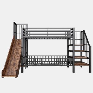 Cama alta infantil metálica 90x200 - com escorregador e escada de armazenamento - preta