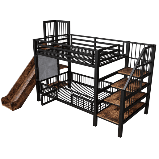 Cama alta infantil metálica 90x200 - com escorregador e escada de armazenamento - preta