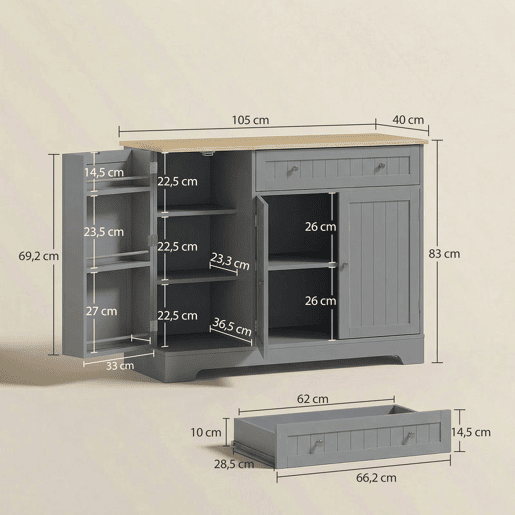 HOMCOM Aparador de Cozinha Armário de Cozinha com 3 Prateleiras de Porta 1 Gaveta Prateleiras Ajustáveis Aparador para Sala de Jantar 105x40x83 cm Cinzento