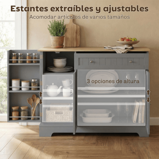 HOMCOM Aparador de Cozinha Armário de Cozinha com 3 Prateleiras de Porta 1 Gaveta Prateleiras Ajustáveis Aparador para Sala de Jantar 105x40x83 cm Cinzento