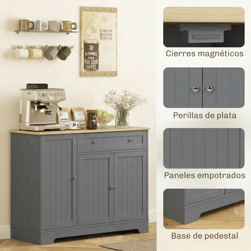 HOMCOM Aparador de Cozinha Armário de Cozinha com 3 Prateleiras de Porta 1 Gaveta Prateleiras Ajustáveis Aparador para Sala de Jantar 105x40x83 cm Cinzento