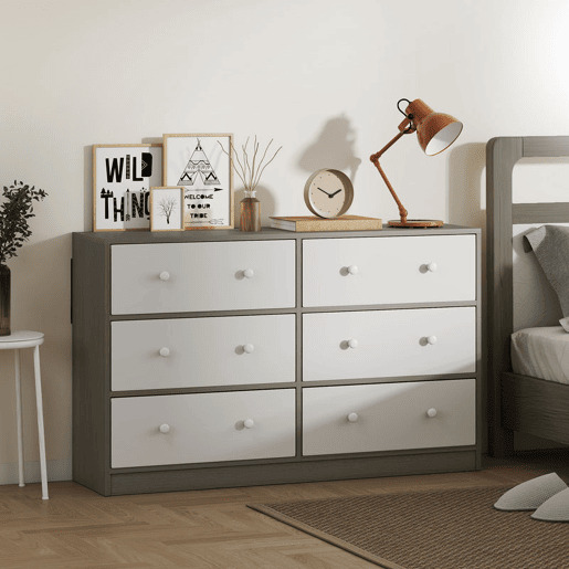 HOMCOM Cómoda com 6 Gavetas de Tecido Cómoda para Quarto Estrutura de Aço e MDF Móvel de Arrumação para Sala Escritório 114x30x70 cm Branco e Cinza