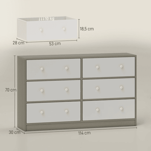HOMCOM Cómoda com 6 Gavetas de Tecido Cómoda para Quarto Estrutura de Aço e MDF Móvel de Arrumação para Sala Escritório 114x30x70 cm Branco e Cinza