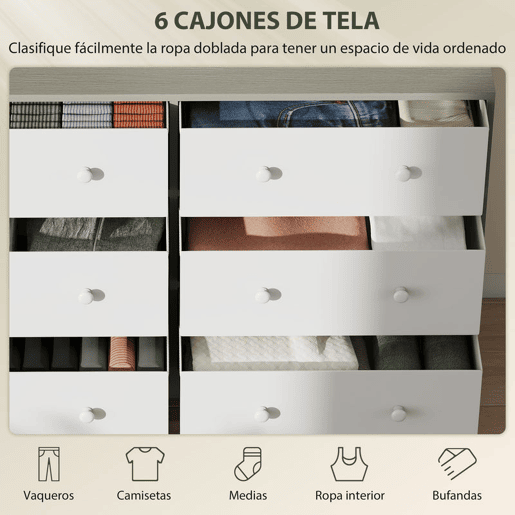 HOMCOM Cómoda com 6 Gavetas de Tecido Cómoda para Quarto Estrutura de Aço e MDF Móvel de Arrumação para Sala Escritório 114x30x70 cm Branco e Cinza