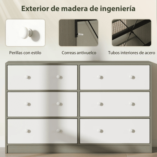 HOMCOM Cómoda com 6 Gavetas de Tecido Cómoda para Quarto Estrutura de Aço e MDF Móvel de Arrumação para Sala Escritório 114x30x70 cm Branco e Cinza