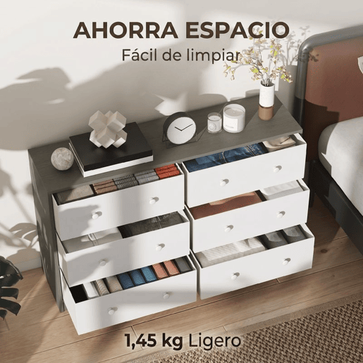 HOMCOM Cómoda com 6 Gavetas de Tecido Cómoda para Quarto Estrutura de Aço e MDF Móvel de Arrumação para Sala Escritório 114x30x70 cm Branco e Cinza