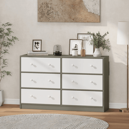 HOMCOM Cómoda com 6 Gavetas de Tecido Cómoda para Quarto Estrutura de Aço e MDF Móvel de Arrumação para Sala Escritório 114x30x70 cm Branco e Cinza