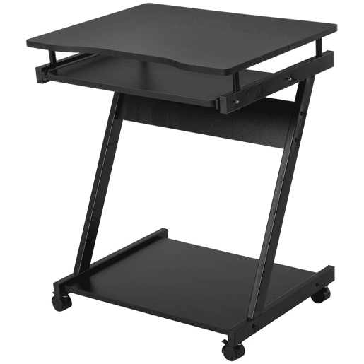 HOMCOM Secretária para Computador com Rodas, 60x48 cm, Mesa de Computador Moderna com Prateleira Deslizante para Teclado e Prateleira Inferior, Estrutura Metálica em Forma de Z, para Escritório, Estudo, Preto