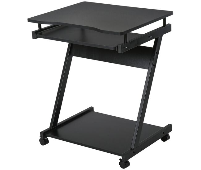 Homcom mesa de ordenador con ruedas, 60x48 cm, escritorio de ordenador moderno con bandeja deslizante para teclado y estante inferior, marco metálico en forma de z, para oficina, estudio, negro
