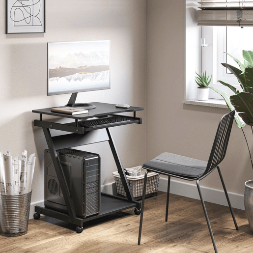 HOMCOM Secretária para Computador com Rodas, 60x48 cm, Mesa de Computador Moderna com Prateleira Deslizante para Teclado e Prateleira Inferior, Estrutura Metálica em Forma de Z, para Escritório, Estudo, Preto
