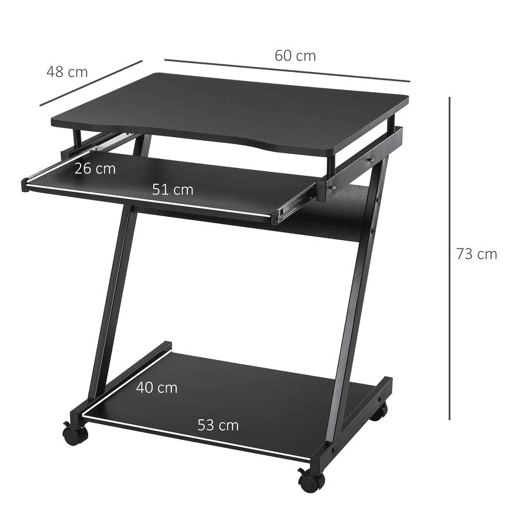 HOMCOM Secretária para Computador com Rodas, 60x48 cm, Mesa de Computador Moderna com Prateleira Deslizante para Teclado e Prateleira Inferior, Estrutura Metálica em Forma de Z, para Escritório, Estudo, Preto