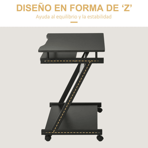 HOMCOM Secretária para Computador com Rodas, 60x48 cm, Mesa de Computador Moderna com Prateleira Deslizante para Teclado e Prateleira Inferior, Estrutura Metálica em Forma de Z, para Escritório, Estudo, Preto