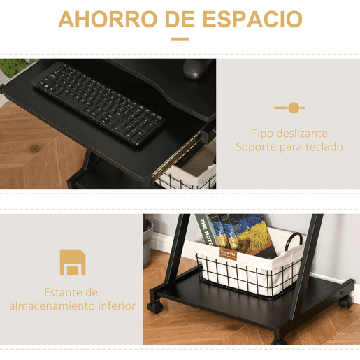 HOMCOM Secretária para Computador com Rodas, 60x48 cm, Mesa de Computador Moderna com Prateleira Deslizante para Teclado e Prateleira Inferior, Estrutura Metálica em Forma de Z, para Escritório, Estudo, Preto