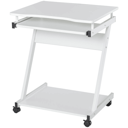 HOMCOM Secretária de Computador com Rodas, 60x48 cm, Escrivaninha Moderna com Prateleira Deslizante para Teclado e Prateleira Inferior, Estrutura Metálica em Forma de Z, para Escritório, Estudo, Branco