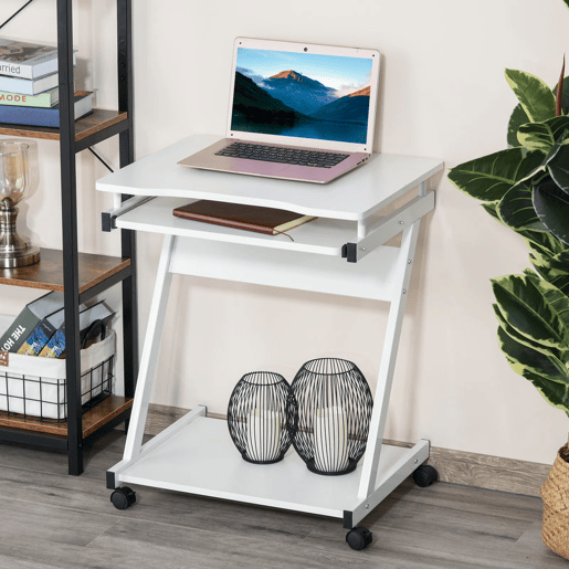 HOMCOM Secretária de Computador com Rodas, 60x48 cm, Escrivaninha Moderna com Prateleira Deslizante para Teclado e Prateleira Inferior, Estrutura Metálica em Forma de Z, para Escritório, Estudo, Branco