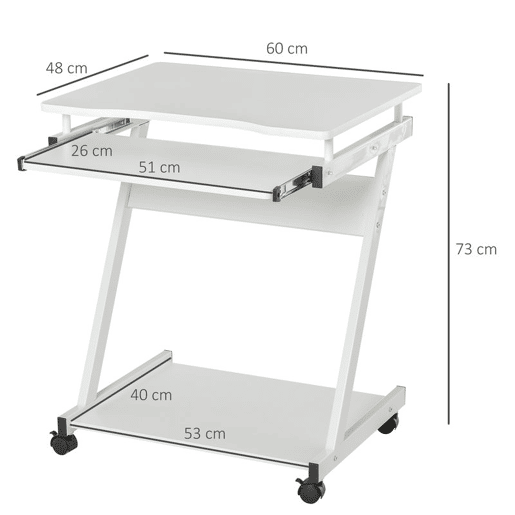 HOMCOM Secretária de Computador com Rodas, 60x48 cm, Escrivaninha Moderna com Prateleira Deslizante para Teclado e Prateleira Inferior, Estrutura Metálica em Forma de Z, para Escritório, Estudo, Branco