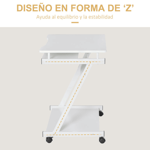 HOMCOM Secretária de Computador com Rodas, 60x48 cm, Escrivaninha Moderna com Prateleira Deslizante para Teclado e Prateleira Inferior, Estrutura Metálica em Forma de Z, para Escritório, Estudo, Branco