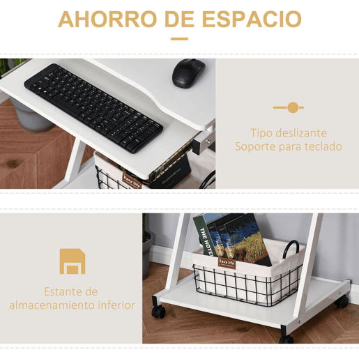HOMCOM Secretária de Computador com Rodas, 60x48 cm, Escrivaninha Moderna com Prateleira Deslizante para Teclado e Prateleira Inferior, Estrutura Metálica em Forma de Z, para Escritório, Estudo, Branco