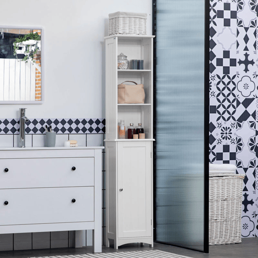 kleankin Coluna Casa de Banho Armário Alto Auxiliar para Casa de Banho com 3 Compartimentos de Armazenamento Porta e Prateleiras Ajustáveis 34x23x165cm Branco