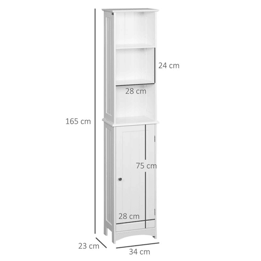 kleankin Coluna Casa de Banho Armário Alto Auxiliar para Casa de Banho com 3 Compartimentos de Armazenamento Porta e Prateleiras Ajustáveis 34x23x165cm Branco
