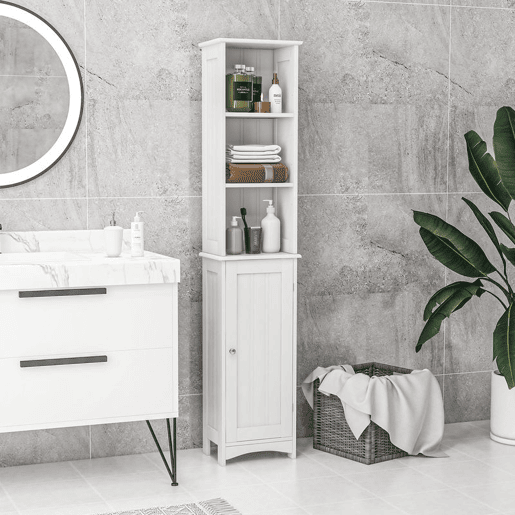 kleankin Coluna Casa de Banho Armário Alto Auxiliar para Casa de Banho com 3 Compartimentos de Armazenamento Porta e Prateleiras Ajustáveis 34x23x165cm Branco