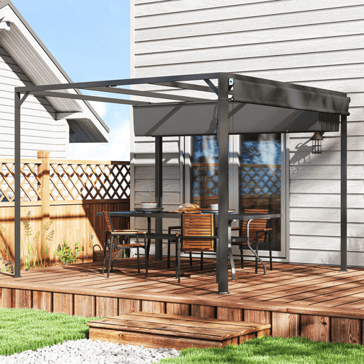 Outsunny Pérgola de Jardim 3x3 m com Teto Retrátil e Parede Lateral Enrolável Pérgola de Jardim com Estrutura de Alumínio UPF30+ para Exterior Terraço Cinzento Escuro