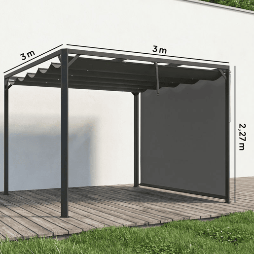 Outsunny Pérgola de Jardim 3x3 m com Teto Retrátil e Parede Lateral Enrolável Pérgola de Jardim com Estrutura de Alumínio UPF30+ para Exterior Terraço Cinzento Escuro