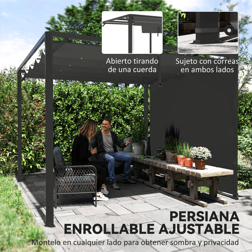Outsunny Pérgola de Jardim 3x3 m com Teto Retrátil e Parede Lateral Enrolável Pérgola de Jardim com Estrutura de Alumínio UPF30+ para Exterior Terraço Cinzento Escuro