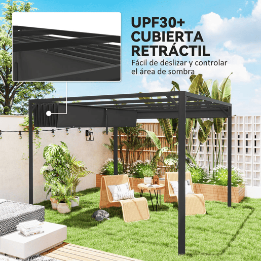 Outsunny Pérgola de Jardim 3x3 m com Teto Retrátil e Parede Lateral Enrolável Pérgola de Jardim com Estrutura de Alumínio UPF30+ para Exterior Terraço Cinzento Escuro