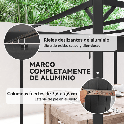 Outsunny Pérgola de Jardim 3x3 m com Teto Retrátil e Parede Lateral Enrolável Pérgola de Jardim com Estrutura de Alumínio UPF30+ para Exterior Terraço Cinzento Escuro
