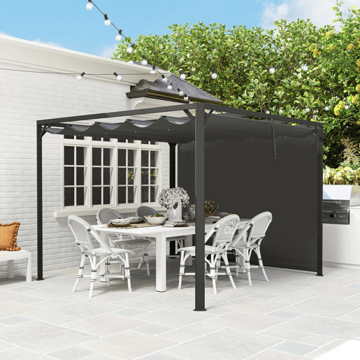 Outsunny Pérgola de Jardim 3x3 m com Teto Retrátil e Parede Lateral Enrolável Pérgola de Jardim com Estrutura de Alumínio UPF30+ para Exterior Terraço Cinzento Escuro