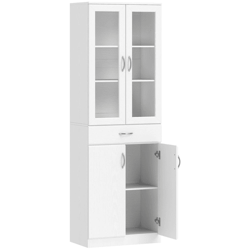 HOMCOM Armário de Cozinha Móvel Auxiliar de Cozinha com Portas de Vidro Gaveta Prateleiras Ajustáveis para Sala de Jantar Sala 60x35x180 cm Branco