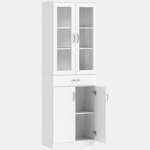 HOMCOM Armário de Cozinha Móvel Auxiliar de Cozinha com Portas de Vidro Gaveta Prateleiras Ajustáveis para Sala de Jantar Sala 60x35x180 cm Branco