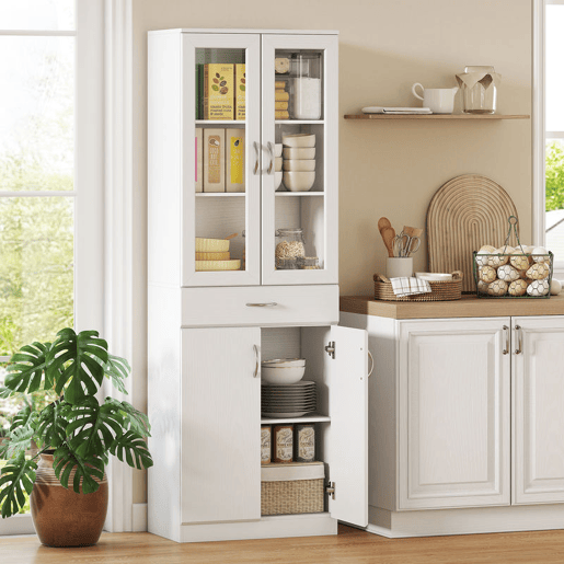 HOMCOM Armário de Cozinha Móvel Auxiliar de Cozinha com Portas de Vidro Gaveta Prateleiras Ajustáveis para Sala de Jantar Sala 60x35x180 cm Branco