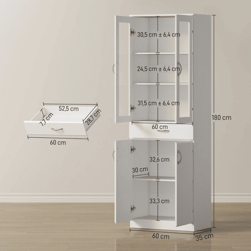 HOMCOM Armário de Cozinha Móvel Auxiliar de Cozinha com Portas de Vidro Gaveta Prateleiras Ajustáveis para Sala de Jantar Sala 60x35x180 cm Branco