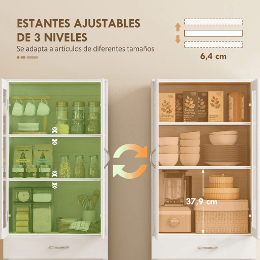 HOMCOM Armário de Cozinha Móvel Auxiliar de Cozinha com Portas de Vidro Gaveta Prateleiras Ajustáveis para Sala de Jantar Sala 60x35x180 cm Branco