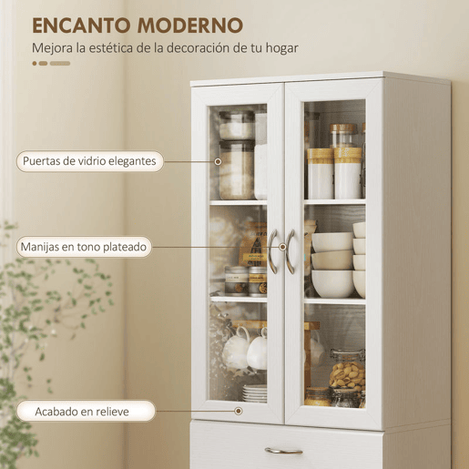 HOMCOM Armário de Cozinha Móvel Auxiliar de Cozinha com Portas de Vidro Gaveta Prateleiras Ajustáveis para Sala de Jantar Sala 60x35x180 cm Branco