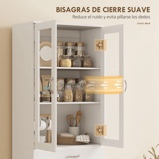 HOMCOM Armário de Cozinha Móvel Auxiliar de Cozinha com Portas de Vidro Gaveta Prateleiras Ajustáveis para Sala de Jantar Sala 60x35x180 cm Branco